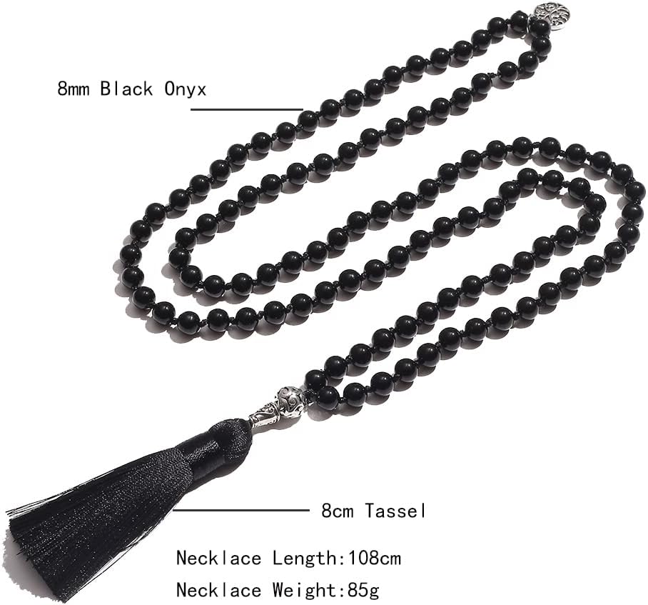 108 Mala Prayer Beads Necklace Natural Stones Meditation Yoga Jewery 108 Hand Knotted Japa Mala Beaded Long Tassel Necklace with Tree of Life Pendant for Men and Women