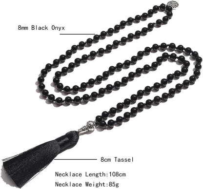 108 Mala Prayer Beads Necklace Natural Stones Meditation Yoga Jewery 108 Hand Knotted Japa Mala Beaded Long Tassel Necklace with Tree of Life Pendant for Men and Women