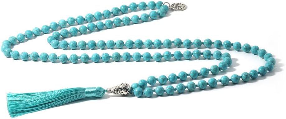 108 Mala Prayer Beads Necklace Natural Stones Meditation Yoga Jewery 108 Hand Knotted Japa Mala Beaded Long Tassel Necklace with Tree of Life Pendant for Men and Women
