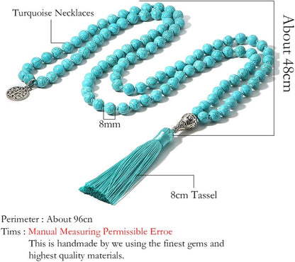 108 Mala Prayer Beads Necklace Natural Stones Meditation Yoga Jewery 108 Hand Knotted Japa Mala Beaded Long Tassel Necklace with Tree of Life Pendant for Men and Women