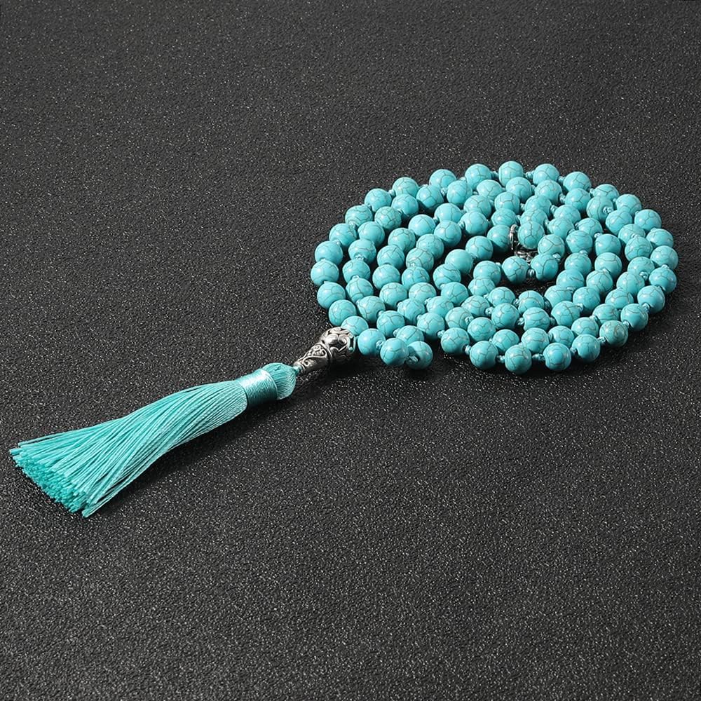108 Mala Prayer Beads Necklace Natural Stones Meditation Yoga Jewery 108 Hand Knotted Japa Mala Beaded Long Tassel Necklace with Tree of Life Pendant for Men and Women