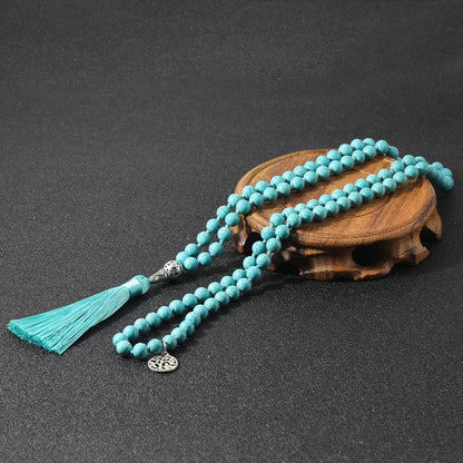 108 Mala Prayer Beads Necklace Natural Stones Meditation Yoga Jewery 108 Hand Knotted Japa Mala Beaded Long Tassel Necklace with Tree of Life Pendant for Men and Women