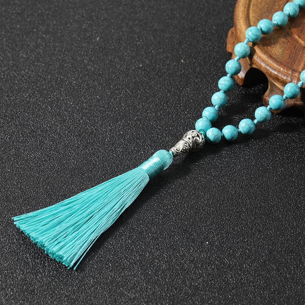 108 Mala Prayer Beads Necklace Natural Stones Meditation Yoga Jewery 108 Hand Knotted Japa Mala Beaded Long Tassel Necklace with Tree of Life Pendant for Men and Women