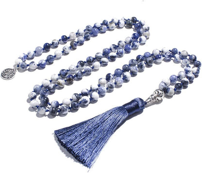 108 Mala Prayer Beads Necklace Natural Stones Meditation Yoga Jewery 108 Hand Knotted Japa Mala Beaded Long Tassel Necklace with Tree of Life Pendant for Men and Women