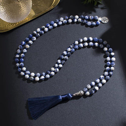 108 Mala Prayer Beads Necklace Natural Stones Meditation Yoga Jewery 108 Hand Knotted Japa Mala Beaded Long Tassel Necklace with Tree of Life Pendant for Men and Women