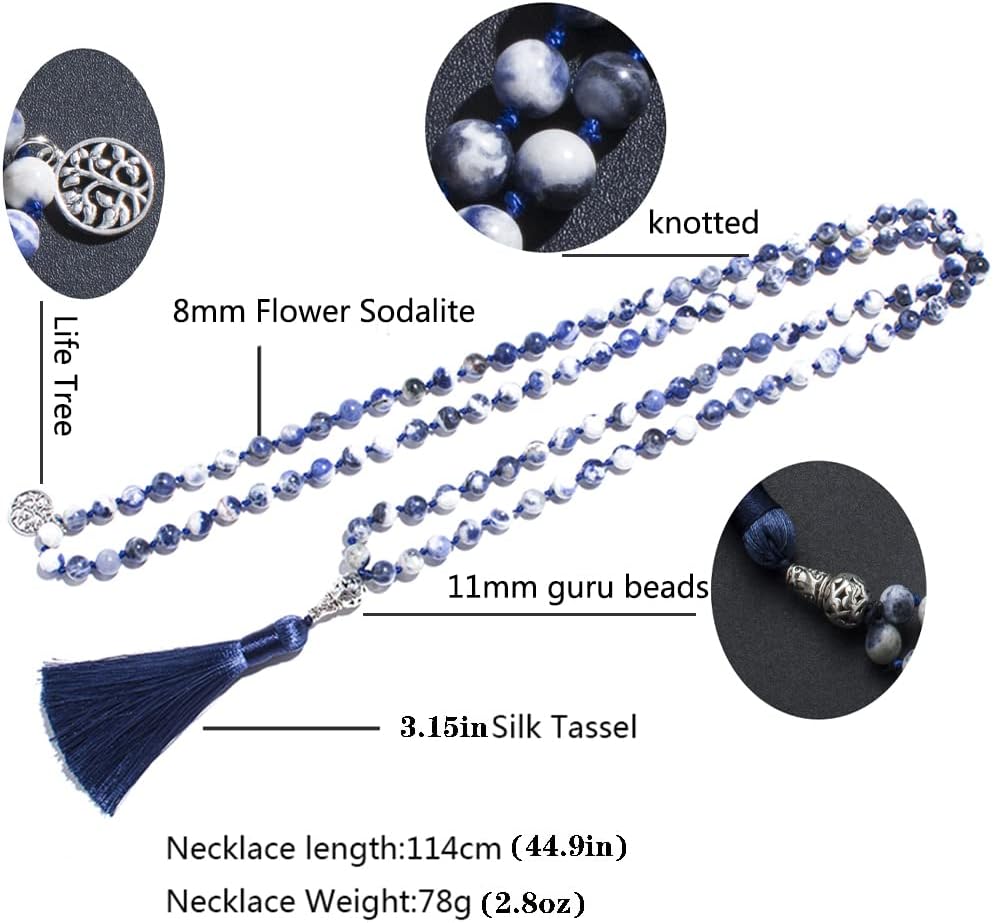 108 Mala Prayer Beads Necklace Natural Stones Meditation Yoga Jewery 108 Hand Knotted Japa Mala Beaded Long Tassel Necklace with Tree of Life Pendant for Men and Women