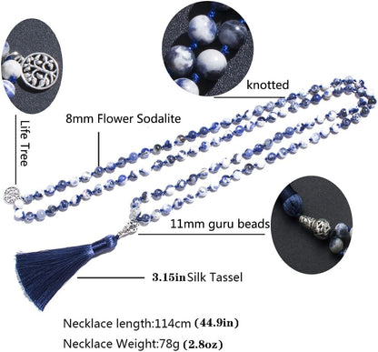 108 Mala Prayer Beads Necklace Natural Stones Meditation Yoga Jewery 108 Hand Knotted Japa Mala Beaded Long Tassel Necklace with Tree of Life Pendant for Men and Women