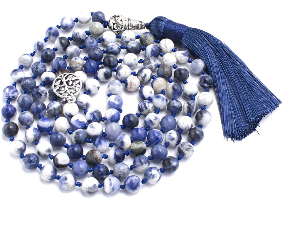 108 Mala Prayer Beads Necklace Natural Stones Meditation Yoga Jewery 108 Hand Knotted Japa Mala Beaded Long Tassel Necklace with Tree of Life Pendant for Men and Women