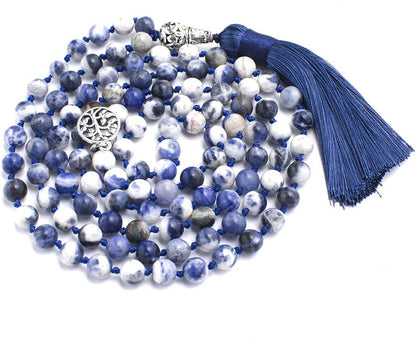 108 Mala Prayer Beads Necklace Natural Stones Meditation Yoga Jewery 108 Hand Knotted Japa Mala Beaded Long Tassel Necklace with Tree of Life Pendant for Men and Women