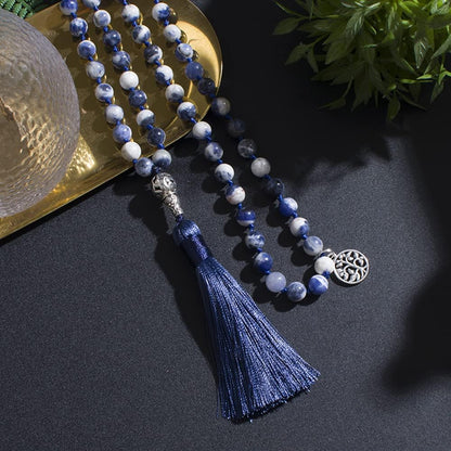 108 Mala Prayer Beads Necklace Natural Stones Meditation Yoga Jewery 108 Hand Knotted Japa Mala Beaded Long Tassel Necklace with Tree of Life Pendant for Men and Women