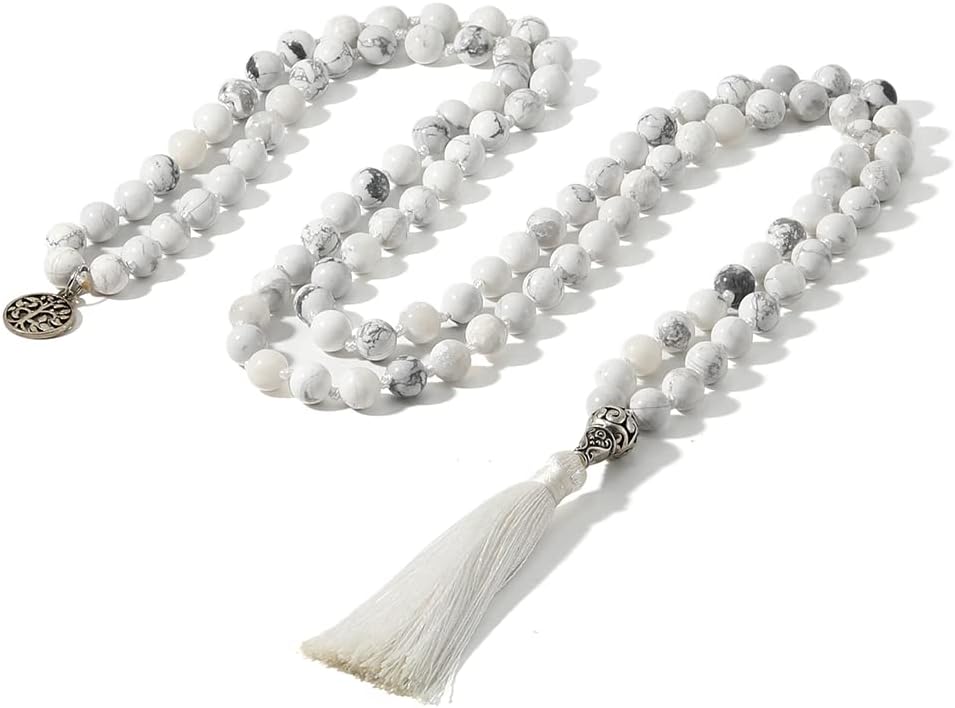 108 Mala Prayer Beads Necklace Natural Stones Meditation Yoga Jewery 108 Hand Knotted Japa Mala Beaded Long Tassel Necklace with Tree of Life Pendant for Men and Women