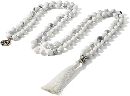 108 Mala Prayer Beads Necklace Natural Stones Meditation Yoga Jewery 108 Hand Knotted Japa Mala Beaded Long Tassel Necklace with Tree of Life Pendant for Men and Women