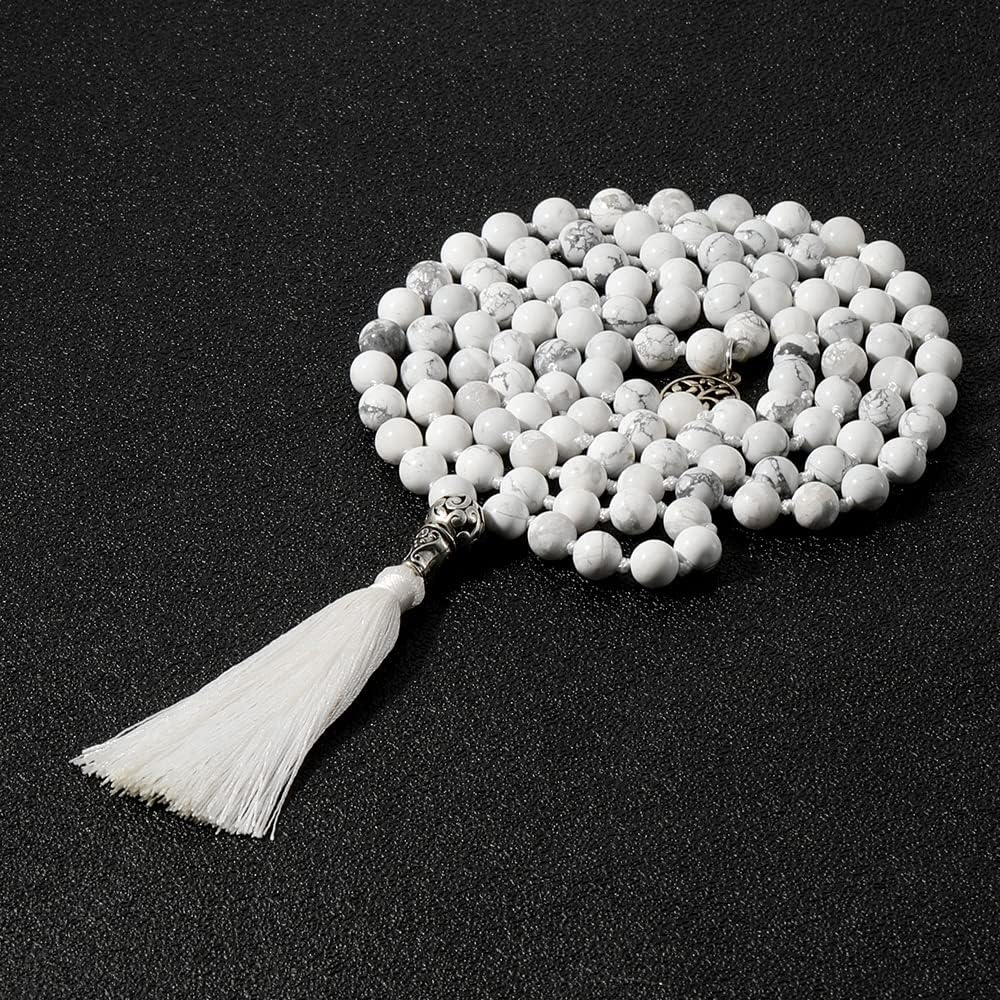108 Mala Prayer Beads Necklace Natural Stones Meditation Yoga Jewery 108 Hand Knotted Japa Mala Beaded Long Tassel Necklace with Tree of Life Pendant for Men and Women