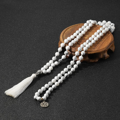 108 Mala Prayer Beads Necklace Natural Stones Meditation Yoga Jewery 108 Hand Knotted Japa Mala Beaded Long Tassel Necklace with Tree of Life Pendant for Men and Women