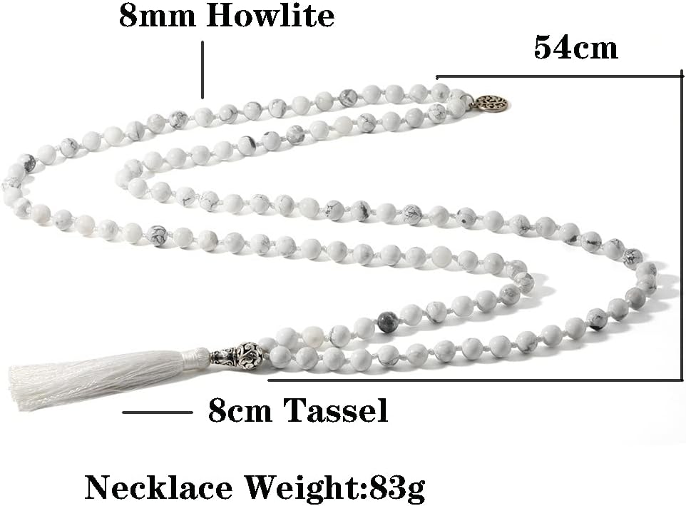 108 Mala Prayer Beads Necklace Natural Stones Meditation Yoga Jewery 108 Hand Knotted Japa Mala Beaded Long Tassel Necklace with Tree of Life Pendant for Men and Women