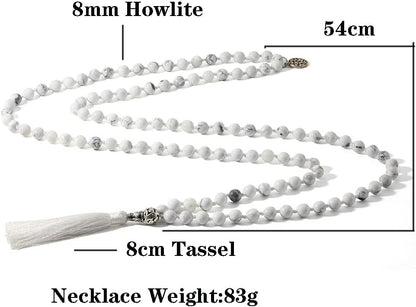 108 Mala Prayer Beads Necklace Natural Stones Meditation Yoga Jewery 108 Hand Knotted Japa Mala Beaded Long Tassel Necklace with Tree of Life Pendant for Men and Women