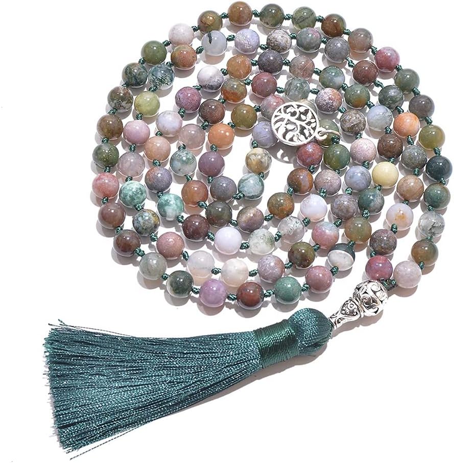 108 Mala Prayer Beads Necklace Natural Stones Meditation Yoga Jewery 108 Hand Knotted Japa Mala Beaded Long Tassel Necklace with Tree of Life Pendant for Men and Women