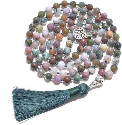 108 Mala Prayer Beads Necklace Natural Stones Meditation Yoga Jewery 108 Hand Knotted Japa Mala Beaded Long Tassel Necklace with Tree of Life Pendant for Men and Women