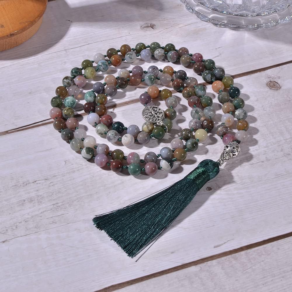 108 Mala Prayer Beads Necklace Natural Stones Meditation Yoga Jewery 108 Hand Knotted Japa Mala Beaded Long Tassel Necklace with Tree of Life Pendant for Men and Women
