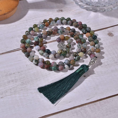 108 Mala Prayer Beads Necklace Natural Stones Meditation Yoga Jewery 108 Hand Knotted Japa Mala Beaded Long Tassel Necklace with Tree of Life Pendant for Men and Women