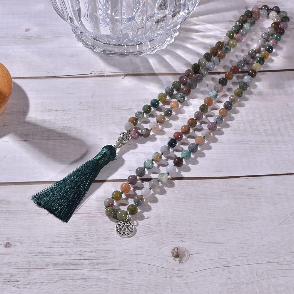 108 Mala Prayer Beads Necklace Natural Stones Meditation Yoga Jewery 108 Hand Knotted Japa Mala Beaded Long Tassel Necklace with Tree of Life Pendant for Men and Women