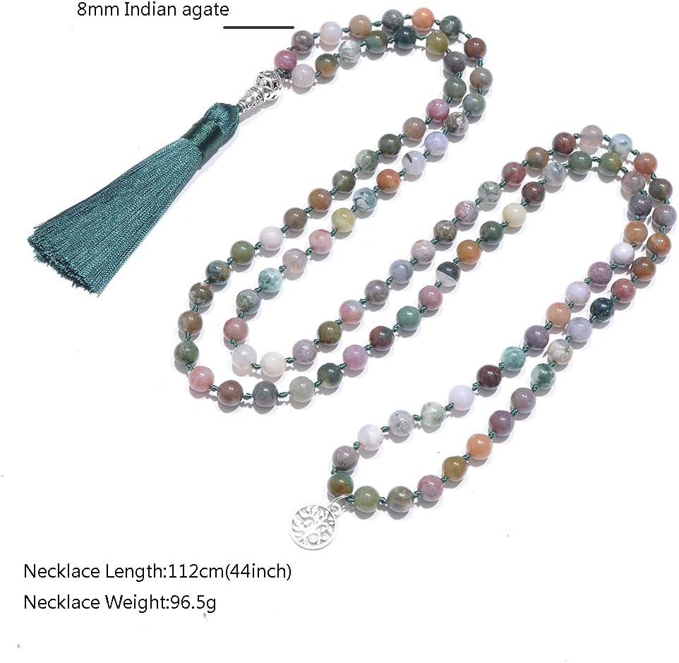 108 Mala Prayer Beads Necklace Natural Stones Meditation Yoga Jewery 108 Hand Knotted Japa Mala Beaded Long Tassel Necklace with Tree of Life Pendant for Men and Women