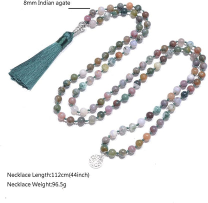 108 Mala Prayer Beads Necklace Natural Stones Meditation Yoga Jewery 108 Hand Knotted Japa Mala Beaded Long Tassel Necklace with Tree of Life Pendant for Men and Women