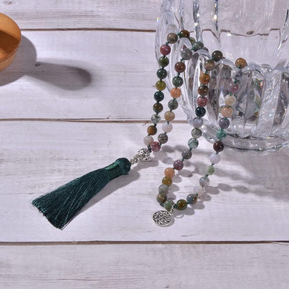 108 Mala Prayer Beads Necklace Natural Stones Meditation Yoga Jewery 108 Hand Knotted Japa Mala Beaded Long Tassel Necklace with Tree of Life Pendant for Men and Women