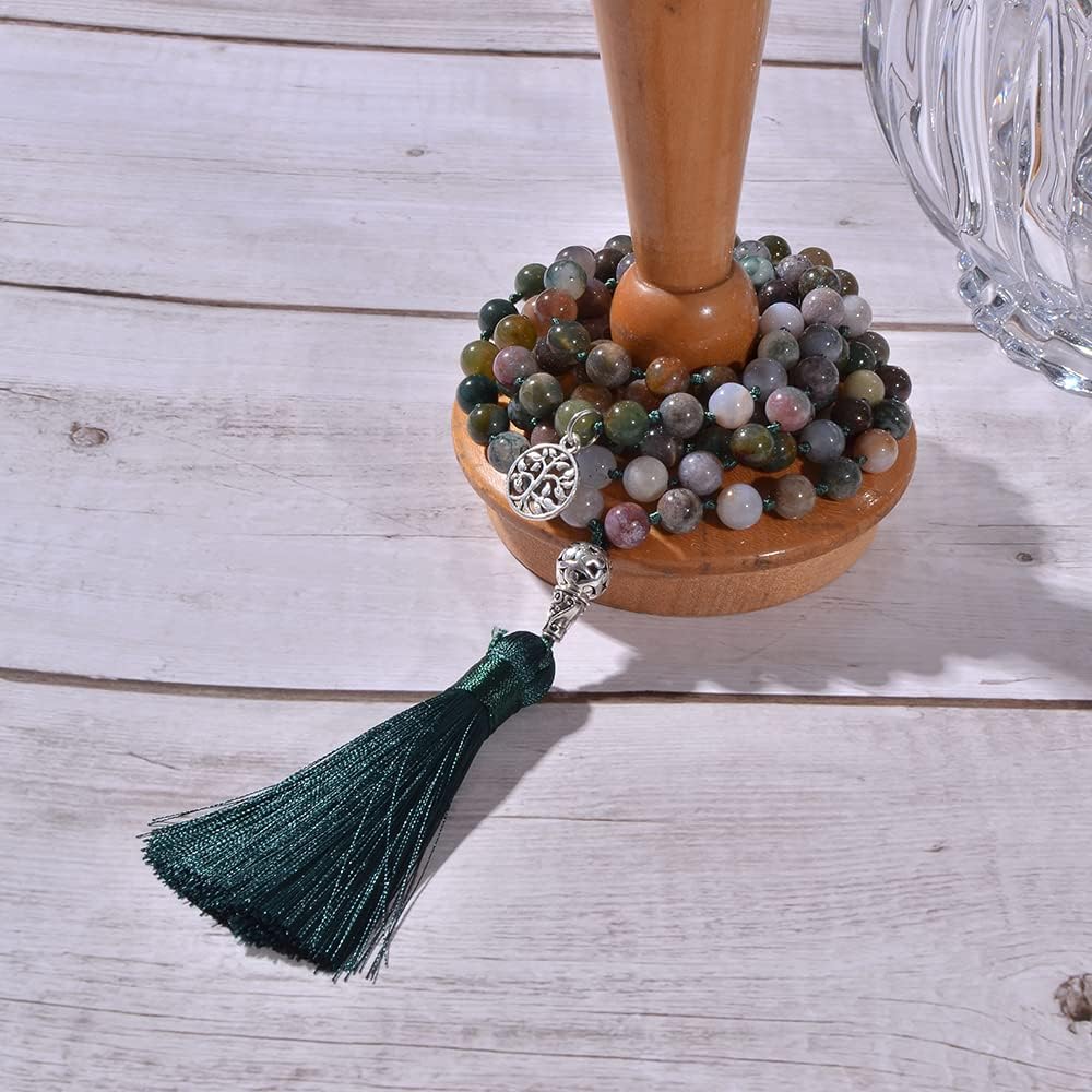 108 Mala Prayer Beads Necklace Natural Stones Meditation Yoga Jewery 108 Hand Knotted Japa Mala Beaded Long Tassel Necklace with Tree of Life Pendant for Men and Women