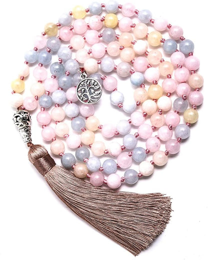 108 Mala Prayer Beads Necklace Natural Stones Meditation Yoga Jewery 108 Hand Knotted Japa Mala Beaded Long Tassel Necklace with Tree of Life Pendant for Men and Women