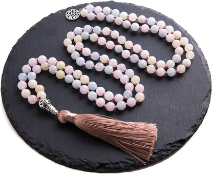 108 Mala Prayer Beads Necklace Natural Stones Meditation Yoga Jewery 108 Hand Knotted Japa Mala Beaded Long Tassel Necklace with Tree of Life Pendant for Men and Women