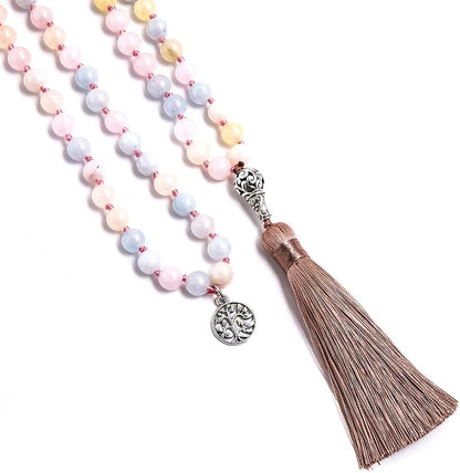 108 Mala Prayer Beads Necklace Natural Stones Meditation Yoga Jewery 108 Hand Knotted Japa Mala Beaded Long Tassel Necklace with Tree of Life Pendant for Men and Women