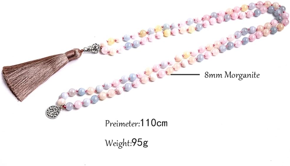 108 Mala Prayer Beads Necklace Natural Stones Meditation Yoga Jewery 108 Hand Knotted Japa Mala Beaded Long Tassel Necklace with Tree of Life Pendant for Men and Women