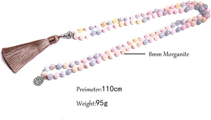 108 Mala Prayer Beads Necklace Natural Stones Meditation Yoga Jewery 108 Hand Knotted Japa Mala Beaded Long Tassel Necklace with Tree of Life Pendant for Men and Women