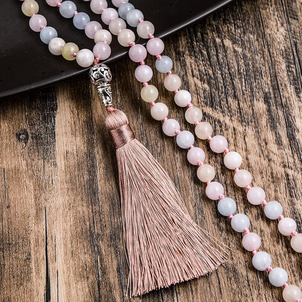 108 Mala Prayer Beads Necklace Natural Stones Meditation Yoga Jewery 108 Hand Knotted Japa Mala Beaded Long Tassel Necklace with Tree of Life Pendant for Men and Women