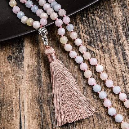 108 Mala Prayer Beads Necklace Natural Stones Meditation Yoga Jewery 108 Hand Knotted Japa Mala Beaded Long Tassel Necklace with Tree of Life Pendant for Men and Women