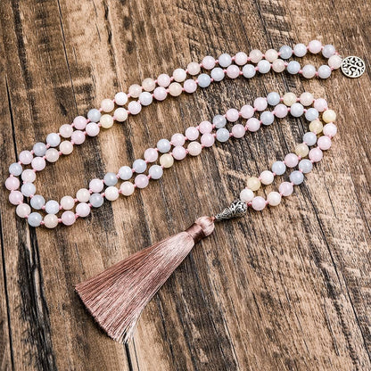 108 Mala Prayer Beads Necklace Natural Stones Meditation Yoga Jewery 108 Hand Knotted Japa Mala Beaded Long Tassel Necklace with Tree of Life Pendant for Men and Women
