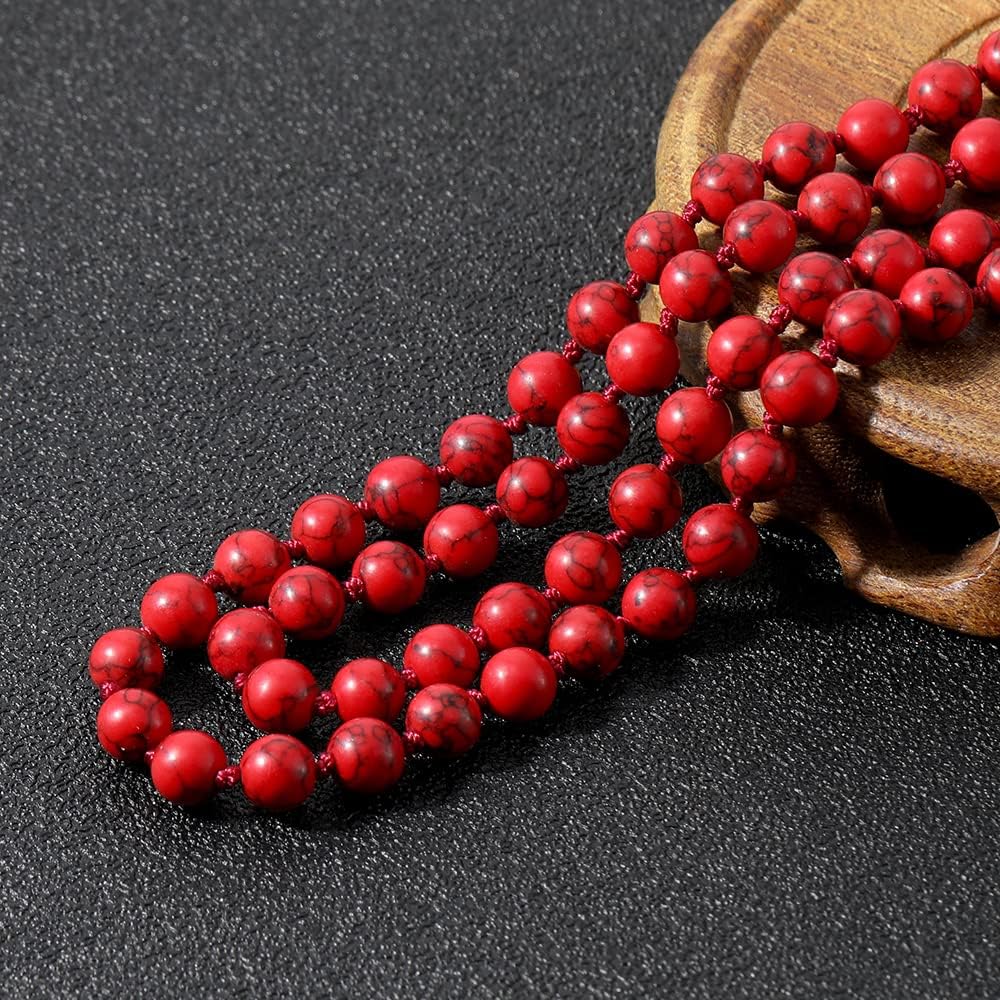 108 Mala Prayer Beads Necklace Natural Stones Meditation Yoga Jewery 108 Hand Knotted Japa Mala Beaded Long Tassel Necklace with Tree of Life Pendant for Men and Women