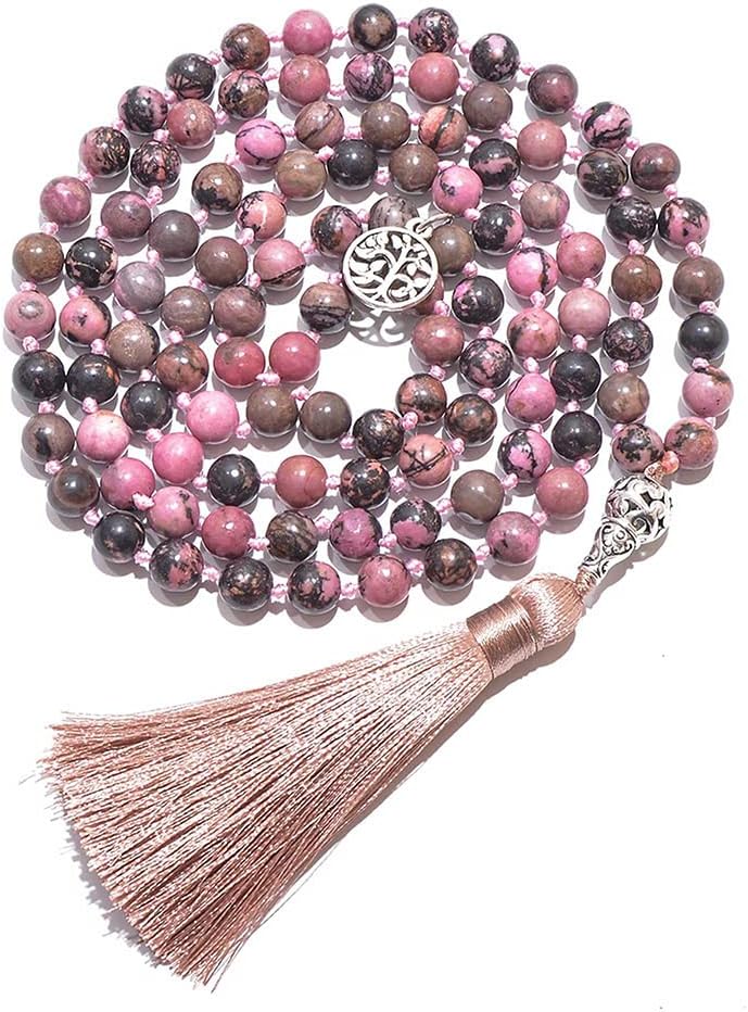 108 Mala Prayer Beads Necklace Natural Stones Meditation Yoga Jewery 108 Hand Knotted Japa Mala Beaded Long Tassel Necklace with Tree of Life Pendant for Men and Women