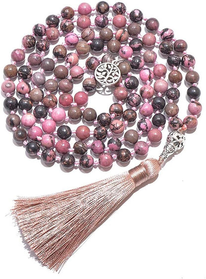 108 Mala Prayer Beads Necklace Natural Stones Meditation Yoga Jewery 108 Hand Knotted Japa Mala Beaded Long Tassel Necklace with Tree of Life Pendant for Men and Women