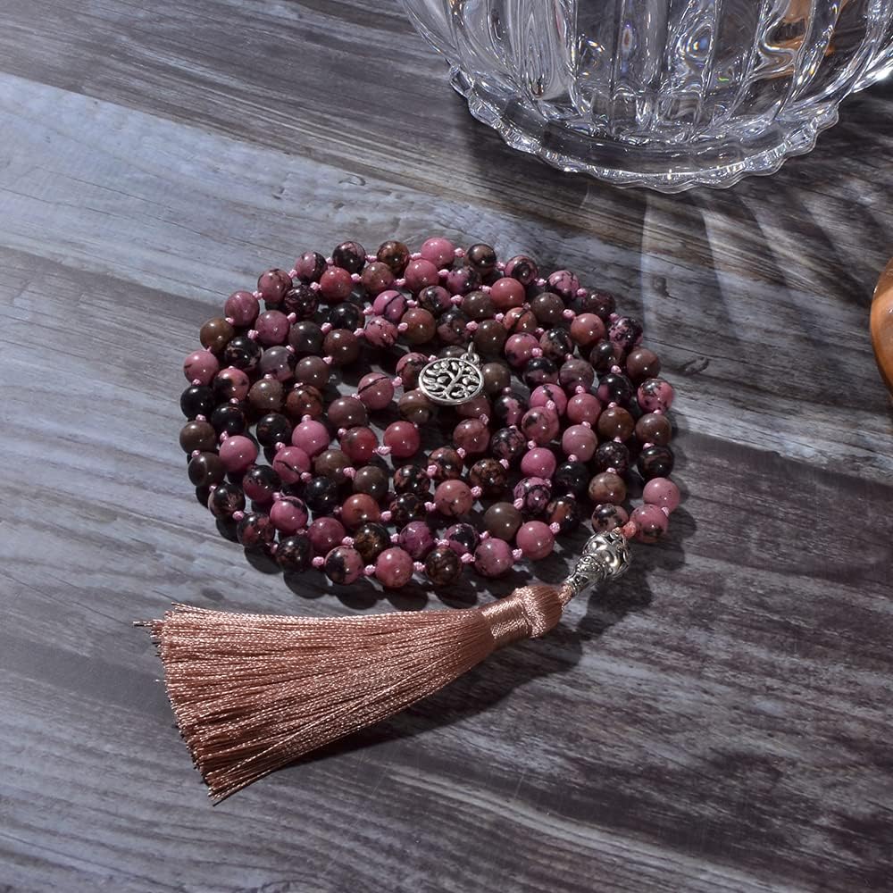 108 Mala Prayer Beads Necklace Natural Stones Meditation Yoga Jewery 108 Hand Knotted Japa Mala Beaded Long Tassel Necklace with Tree of Life Pendant for Men and Women