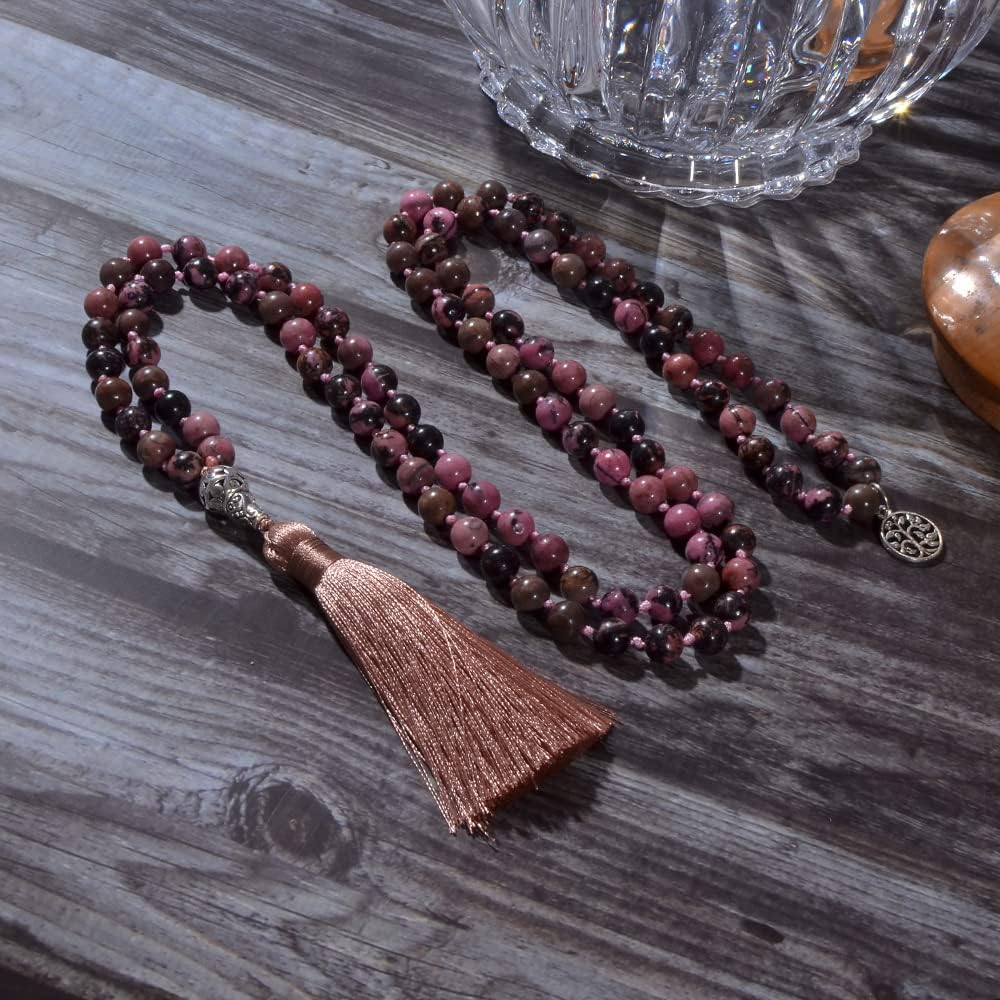 108 Mala Prayer Beads Necklace Natural Stones Meditation Yoga Jewery 108 Hand Knotted Japa Mala Beaded Long Tassel Necklace with Tree of Life Pendant for Men and Women