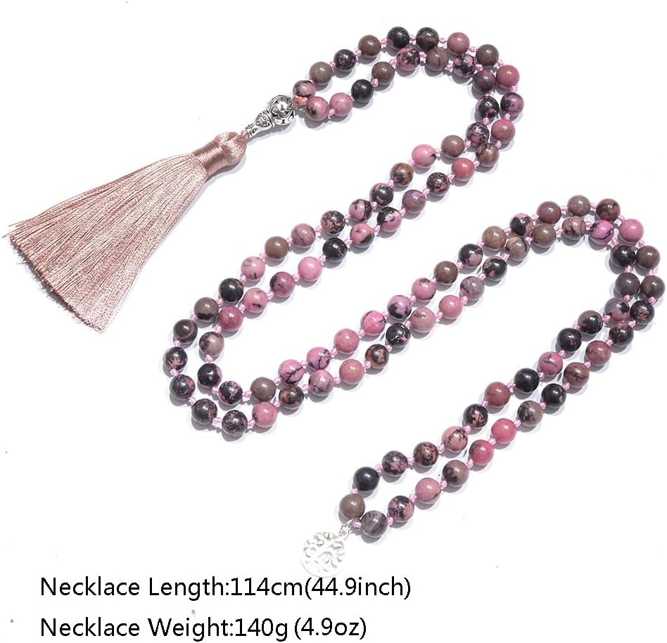 108 Mala Prayer Beads Necklace Natural Stones Meditation Yoga Jewery 108 Hand Knotted Japa Mala Beaded Long Tassel Necklace with Tree of Life Pendant for Men and Women