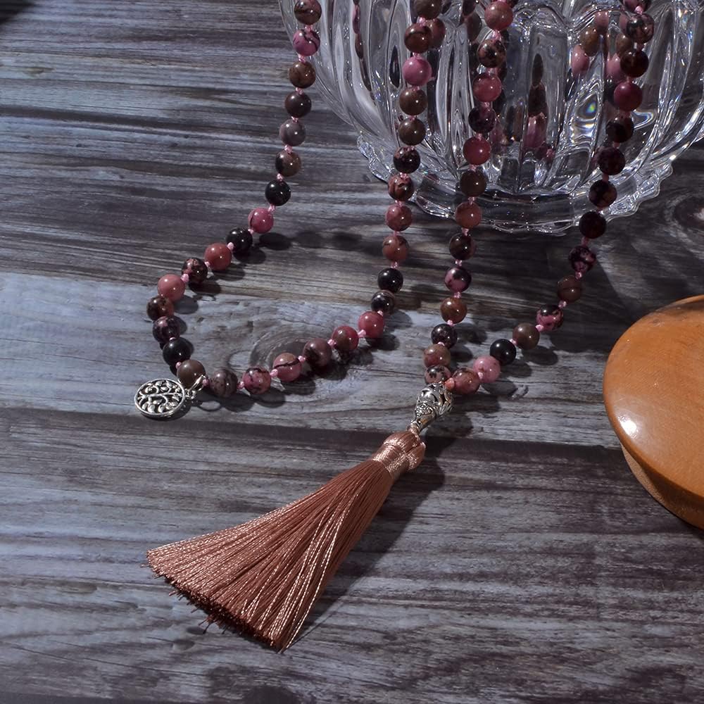 108 Mala Prayer Beads Necklace Natural Stones Meditation Yoga Jewery 108 Hand Knotted Japa Mala Beaded Long Tassel Necklace with Tree of Life Pendant for Men and Women