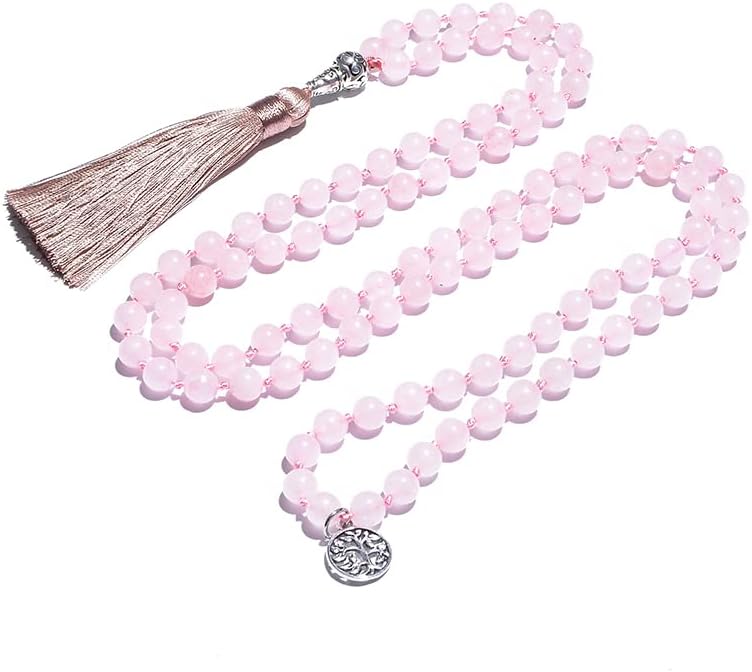 108 Mala Prayer Beads Necklace Natural Stones Meditation Yoga Jewery 108 Hand Knotted Japa Mala Beaded Long Tassel Necklace with Tree of Life Pendant for Men and Women