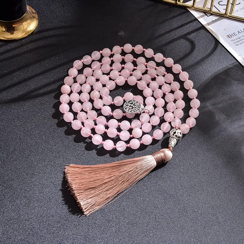 108 Mala Prayer Beads Necklace Natural Stones Meditation Yoga Jewery 108 Hand Knotted Japa Mala Beaded Long Tassel Necklace with Tree of Life Pendant for Men and Women