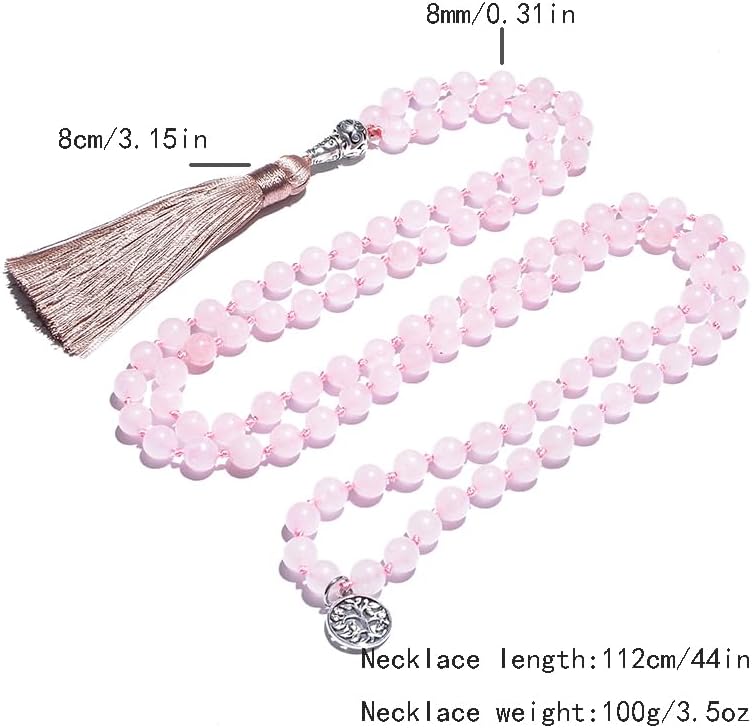 108 Mala Prayer Beads Necklace Natural Stones Meditation Yoga Jewery 108 Hand Knotted Japa Mala Beaded Long Tassel Necklace with Tree of Life Pendant for Men and Women