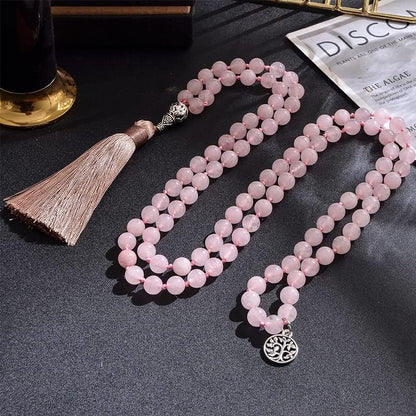 108 Mala Prayer Beads Necklace Natural Stones Meditation Yoga Jewery 108 Hand Knotted Japa Mala Beaded Long Tassel Necklace with Tree of Life Pendant for Men and Women