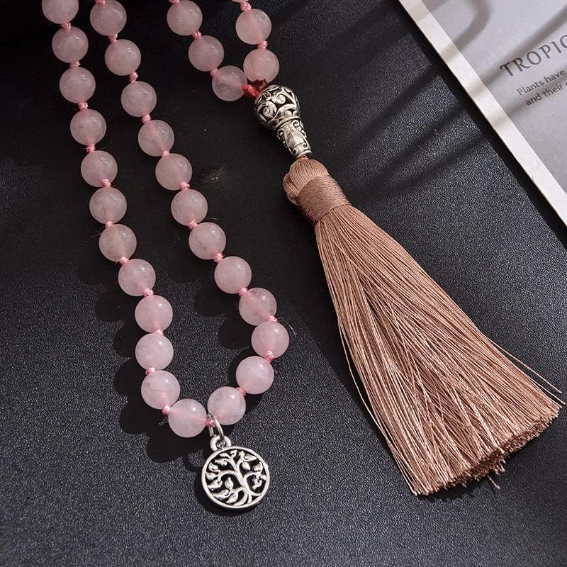 108 Mala Prayer Beads Necklace Natural Stones Meditation Yoga Jewery 108 Hand Knotted Japa Mala Beaded Long Tassel Necklace with Tree of Life Pendant for Men and Women