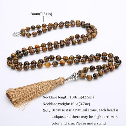 108 Mala Prayer Beads Necklace Natural Stones Meditation Yoga Jewery 108 Hand Knotted Japa Mala Beaded Long Tassel Necklace with Tree of Life Pendant for Men and Women